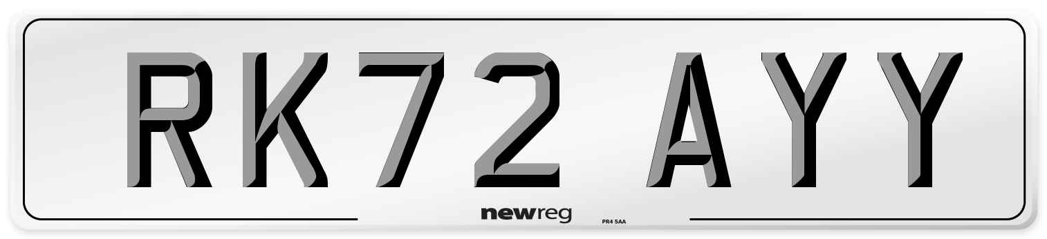 RK72 AYY Rear Number Plate