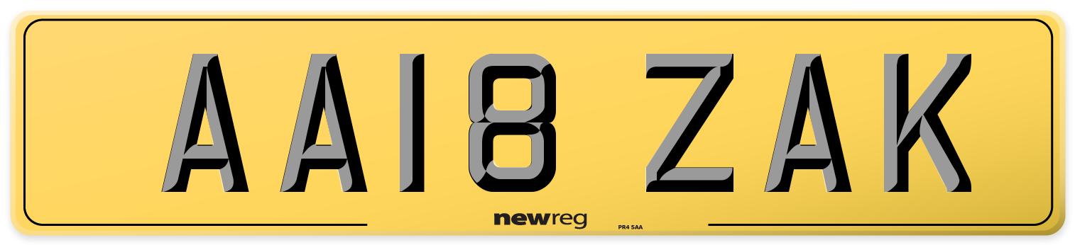 AA18 ZAK Rear Number Plate