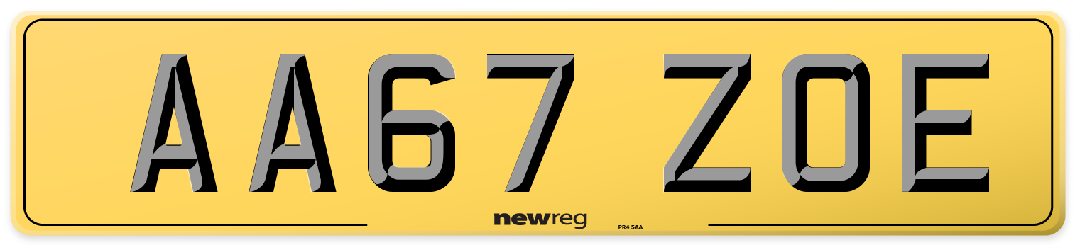 AA67 ZOE Rear Number Plate