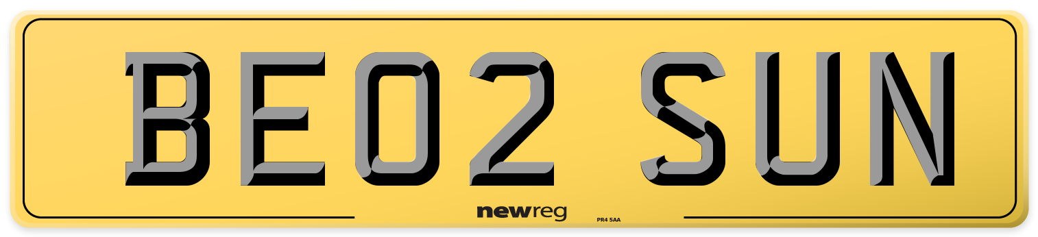 BE02 SUN Rear Number Plate
