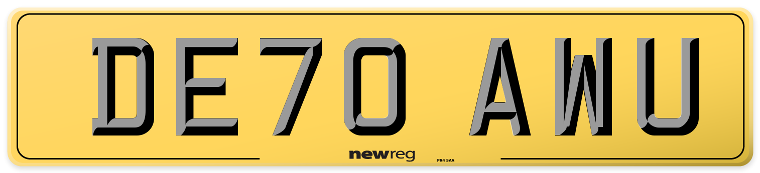 DE70 AWU Rear Number Plate