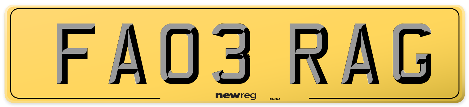 FA03 RAG Rear Number Plate