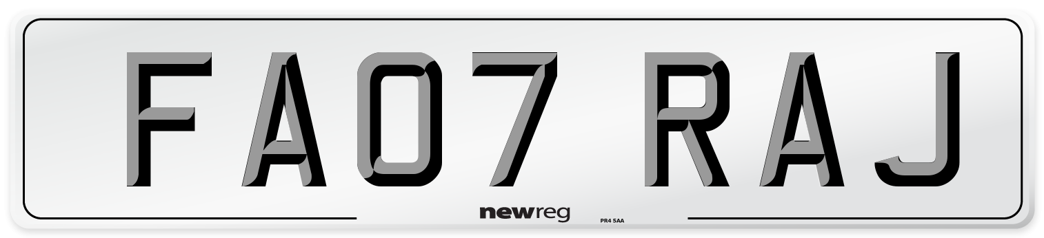 FA07 RAJ Front Number Plate
