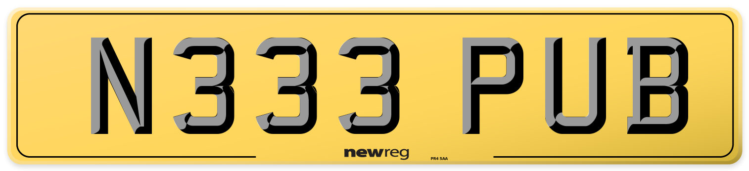 N333 PUB Rear Number Plate