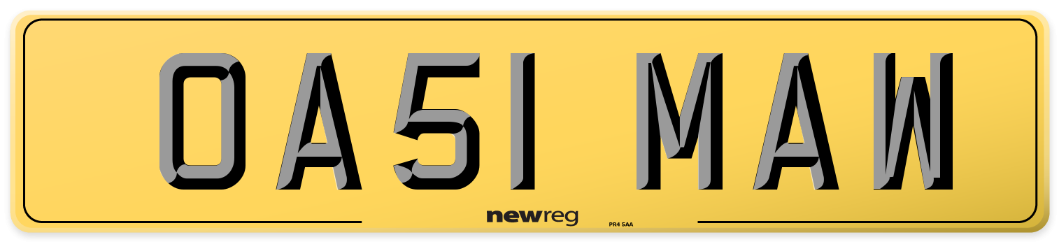 OA51 MAW Rear Number Plate