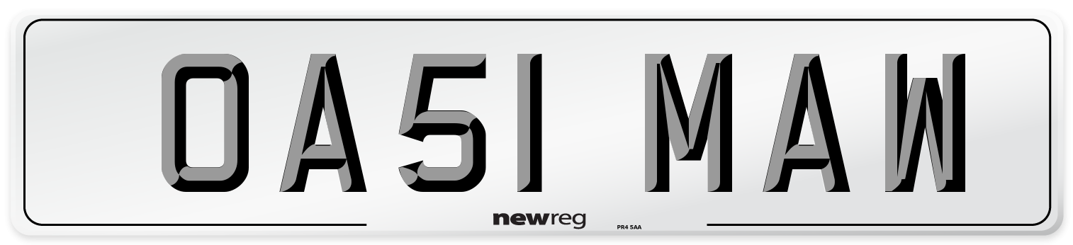 OA51 MAW Front Number Plate