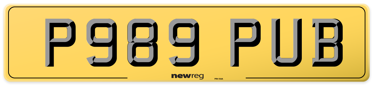 P989 PUB Rear Number Plate
