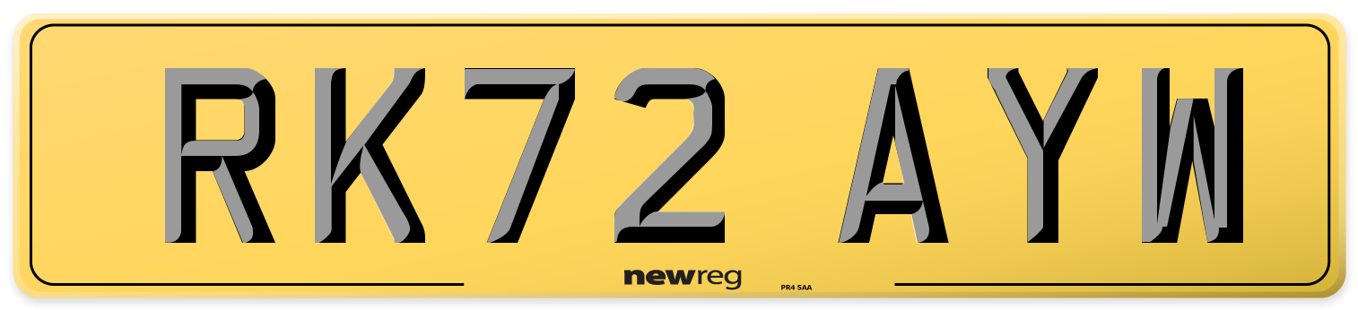 RK72 AYW Rear Number Plate