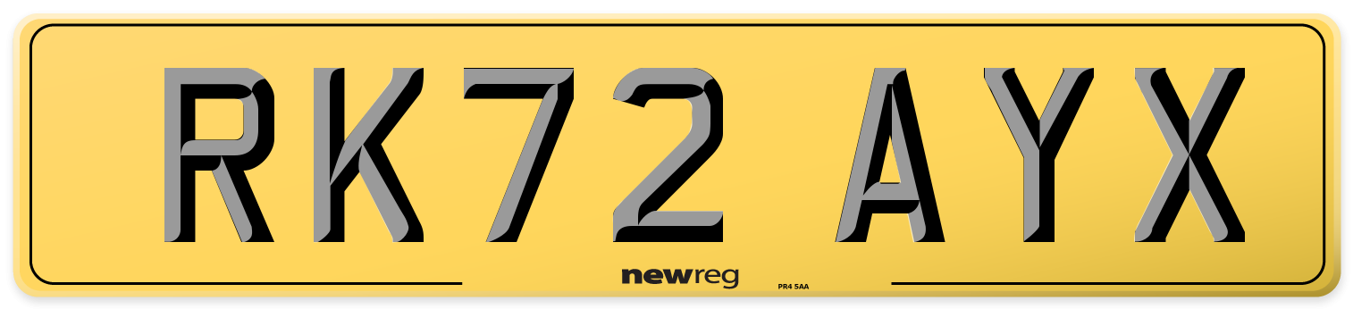 RK72 AYX Rear Number Plate