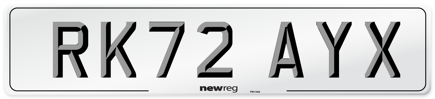 RK72 AYX Front Number Plate