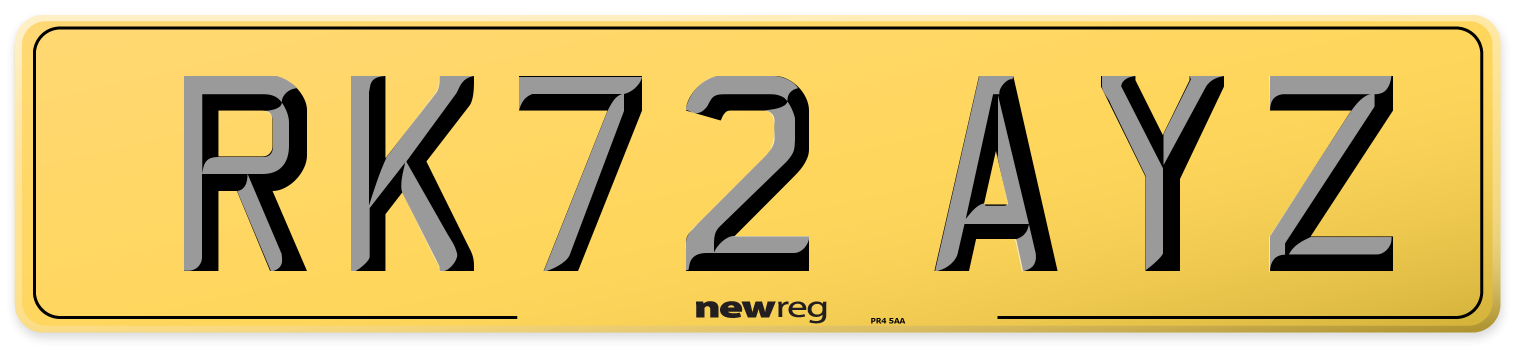 RK72 AYZ Rear Number Plate