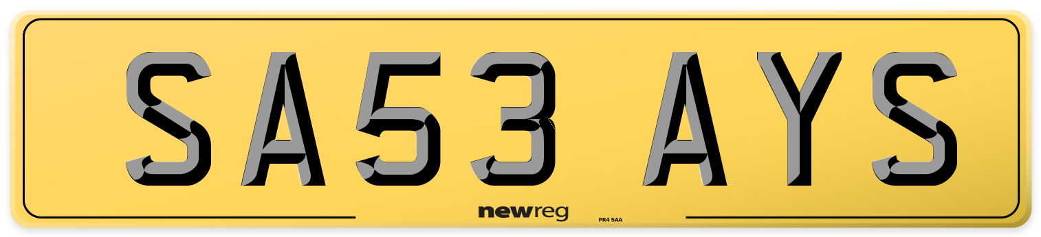 SA53 AYS Rear Number Plate