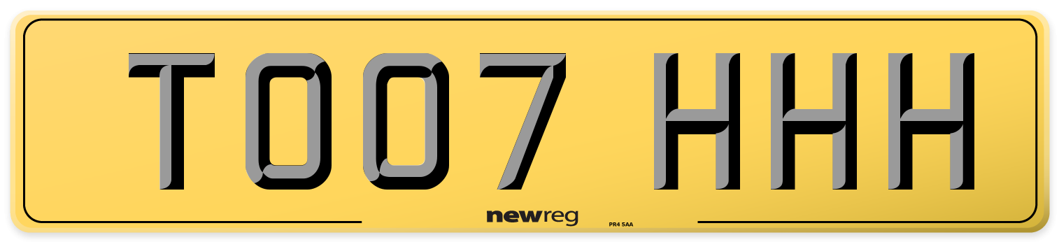 TO07 HHH Rear Number Plate